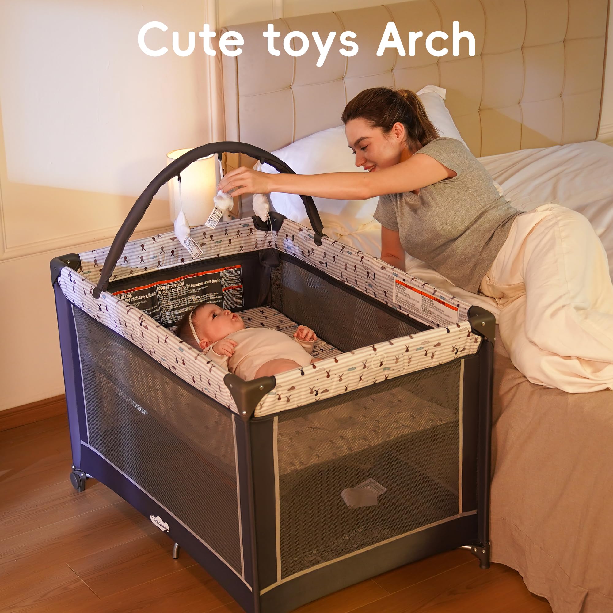 Pamo Babe Portable Playard,Sturdy Play Yard with Padded Mat and Toy bar with Soft Toys