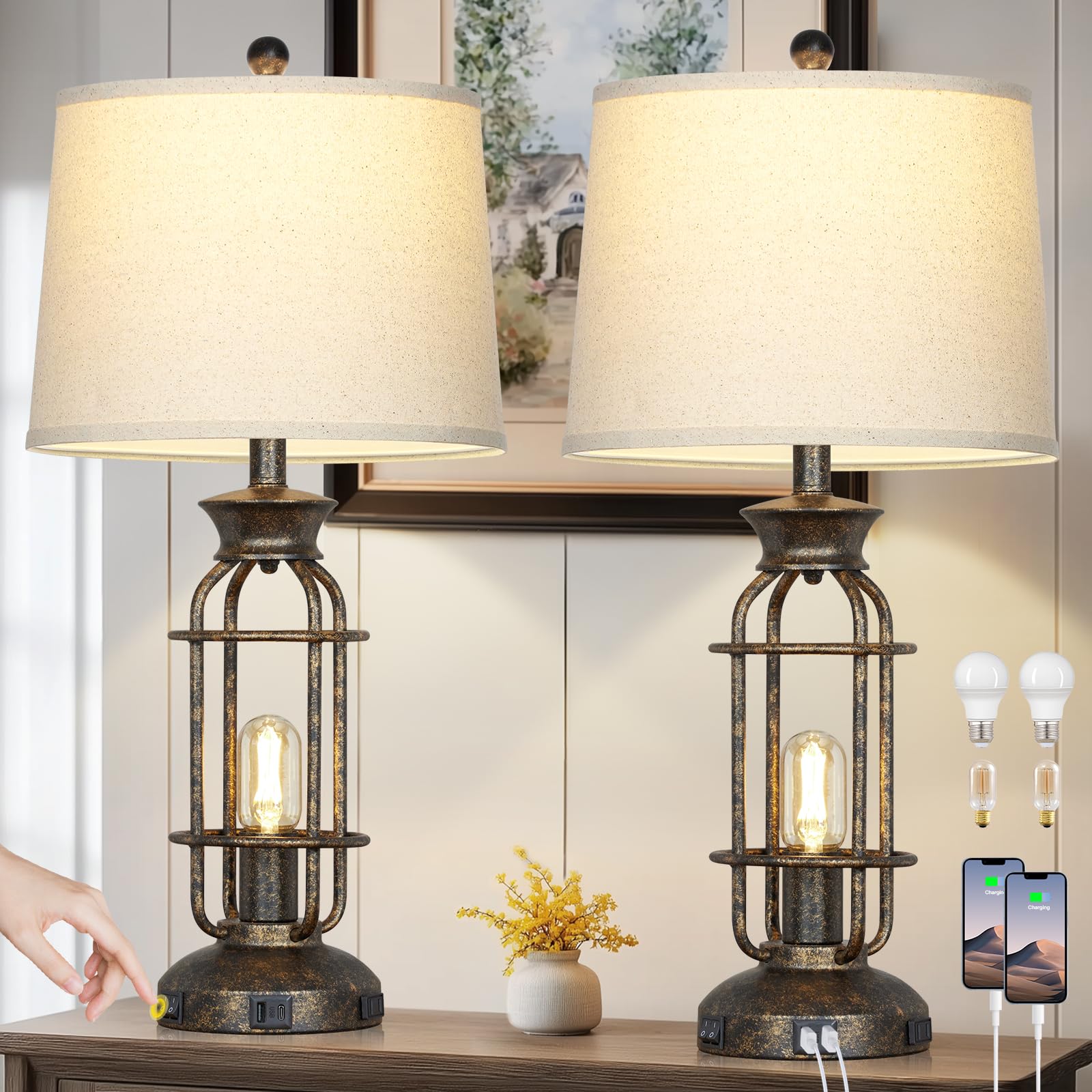 Photo 1 of 28" Vintage Table Lamps for Living Room, Industrial Farmhouse Table Lamp with USB C+A Ports & Outlet, Rustic Nightstand Bedside Lamps with 2 Night Light for Bedroom End Tables Bronze, 4 Bulbs Included