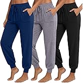 Neer 3 Pack Joggers for Women Lightweight Lounge Pants with Comfy Pockets Yoga Joggers for Workout Travel Casual(Black, Light Gray, Blue,L)