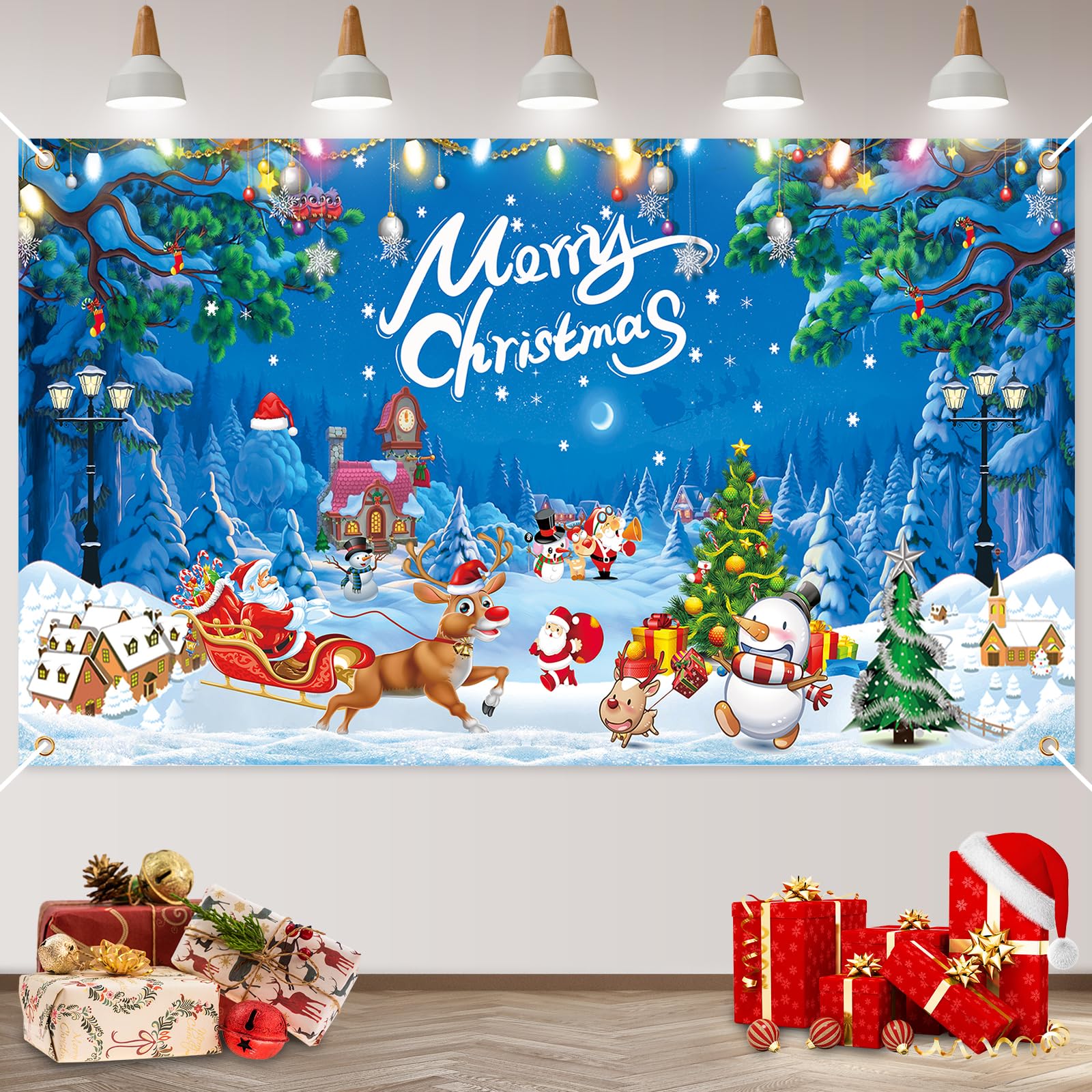 Large Christmas Banner, Vintage Santa Sleigh Deer Snowman Large Merry Christmas Banner Background, Christmas Banners Photo Booth Sign Wall Decorations Hanging Banner for Xmas Indoor Outdoor Home Party