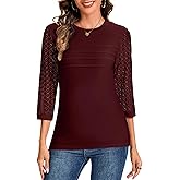 XIWUKOD Womens Tops Lace 3/4 Sleeve Comfy Shirt Crew Neck Tunics Pleated Business Basic Tshirts