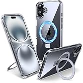 Flyzoo Magnetic Case for iPhone 16 - [Built-in Invisible Stand] [Compatible with MagSafe] [Military Grade Drop Protection] Anti-Yellowing Hard Back Silicone Edge Cover, 6.1", Clear