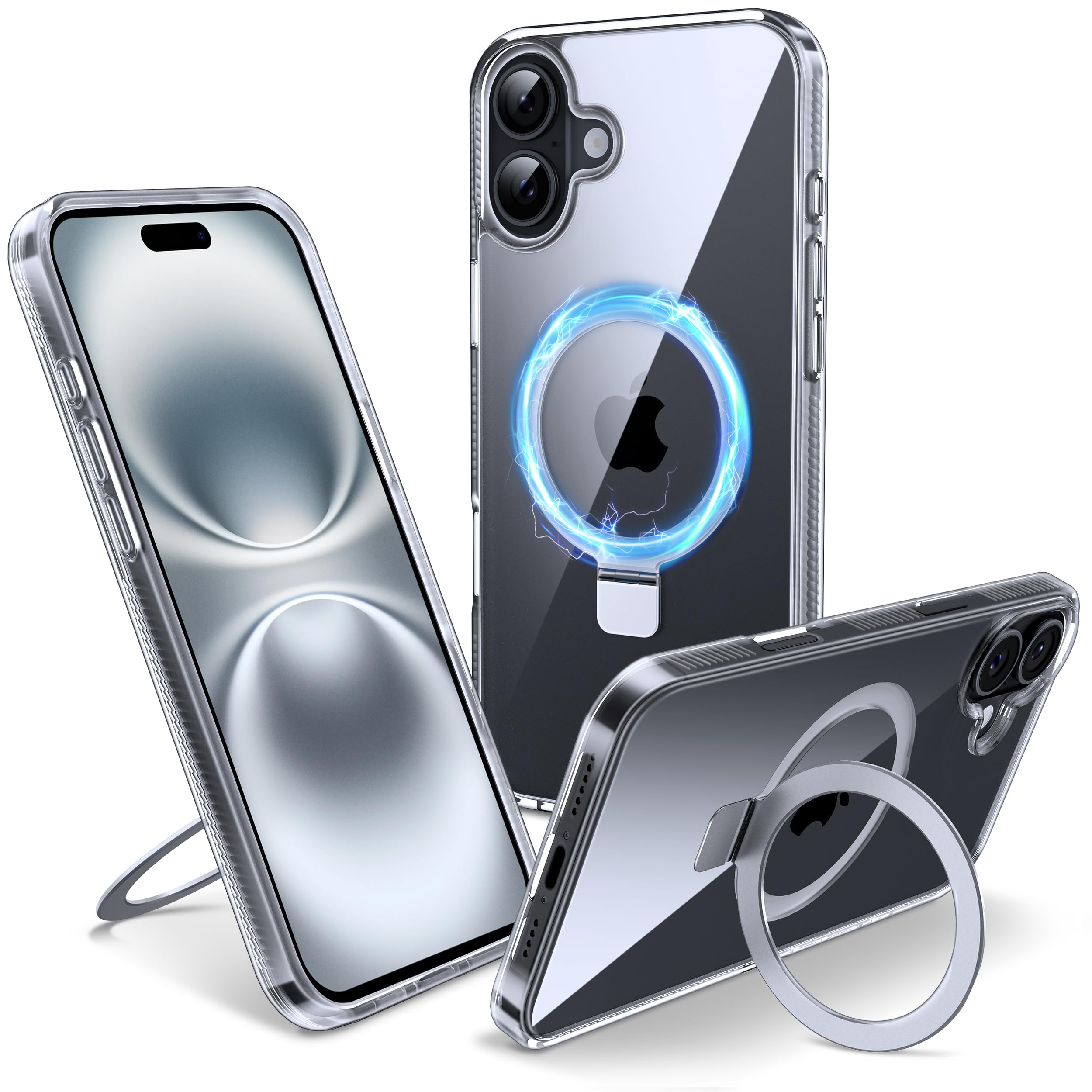 Flyzoo Magnetic Case for iPhone 16 Plus - [Built-in Invisible Stand] [Compatible with MagSafe] [Military Grade Drop Protection] Anti-Yellowing Hard Back Silicone Edge Cover, 6.7", Clear