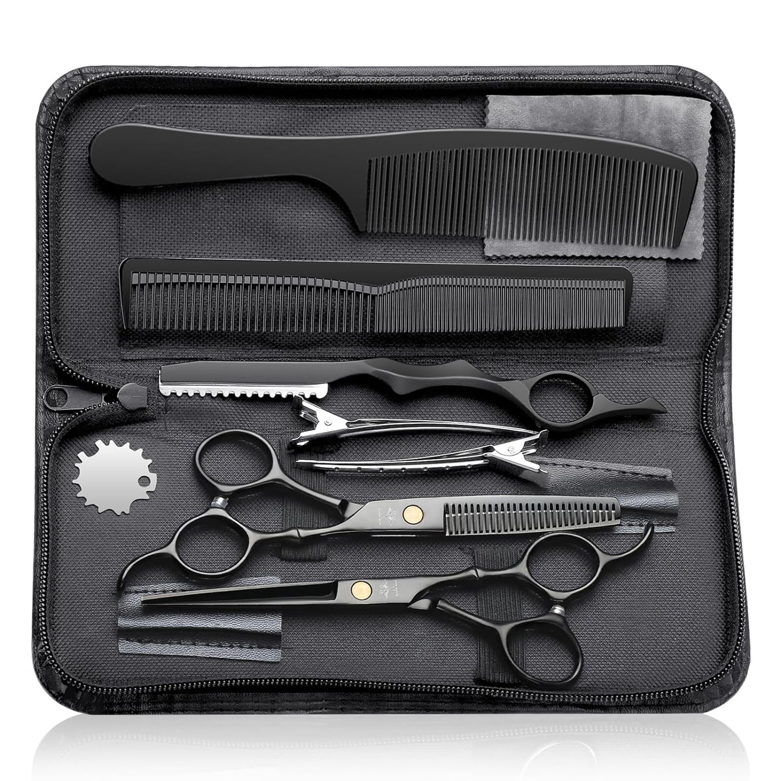 PURPLEBIRD Professional Hair Cutting Kit - 10 Pcs Barber Shears Set With Stainless Steel Scissors and Thinning Scissors for Men, Women, Pet - Black