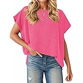 Tankaneo Womens Oversized Short Cap Sleeve Tunic Tops Summer Casual Textured Ribbed Knit T-Shirts Loose Fit Tees