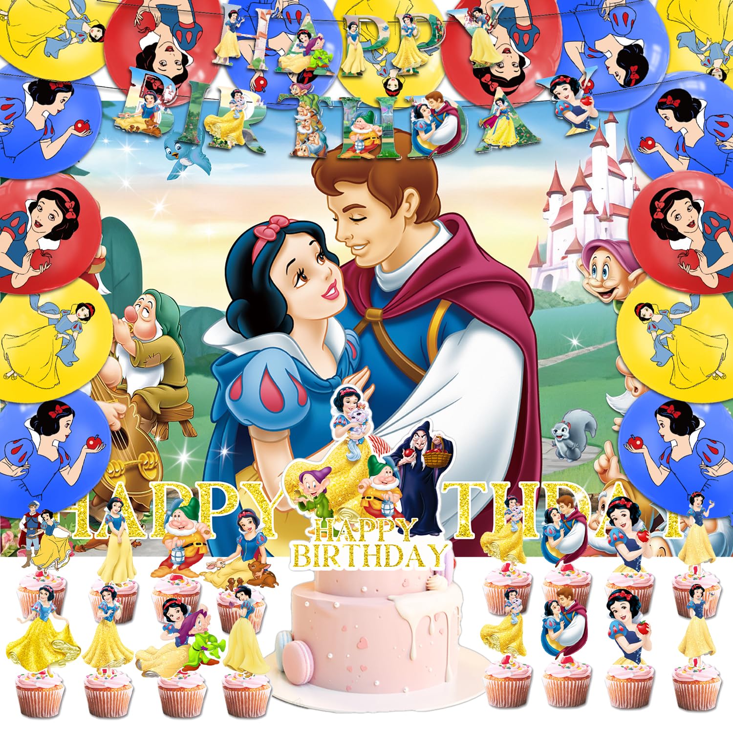 Photo 1 of 42pcs Snow-White Party Plates Supplies Pack Includes?Banner?Cake Topper?Blackdrop,Balloons for Snow-White party decoration
