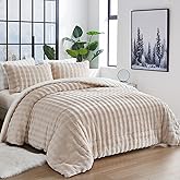 Bedbay Faux Fur Comforter Set 3 Pieces Fuzzy Plush Beige Comforter Set Queen Size Luxury Faux Rabbit Fur Bubble Bedding Soft Warm Shaggy Velvet Reversible Duvet Set for Girls Teen Adults