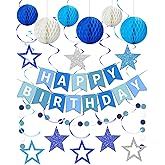 Blue Happy Birthday Decorations, Happy Birthday Banner with Honeycomb Balls, Stars Hanging Swirl Streamers, Dots Garland, Party Decorations for Men Boys Women Girls