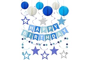 KIDIFIC Blue Happy Birthday Decorations, Happy Birthday Banner with Honeycomb Balls, Stars Hanging Swirl Streamers, Dots Garland, Party Decorations for Men Boys Women Girls