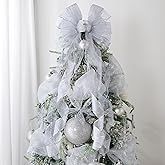 Drievana Silver Christmas Tree Topper Bow, 14 inch Large Toppers Bow with Faux Pearl Beads String for Wedding Birthday Party Indoor Outdoor Christmas Decoration (1 Pack)