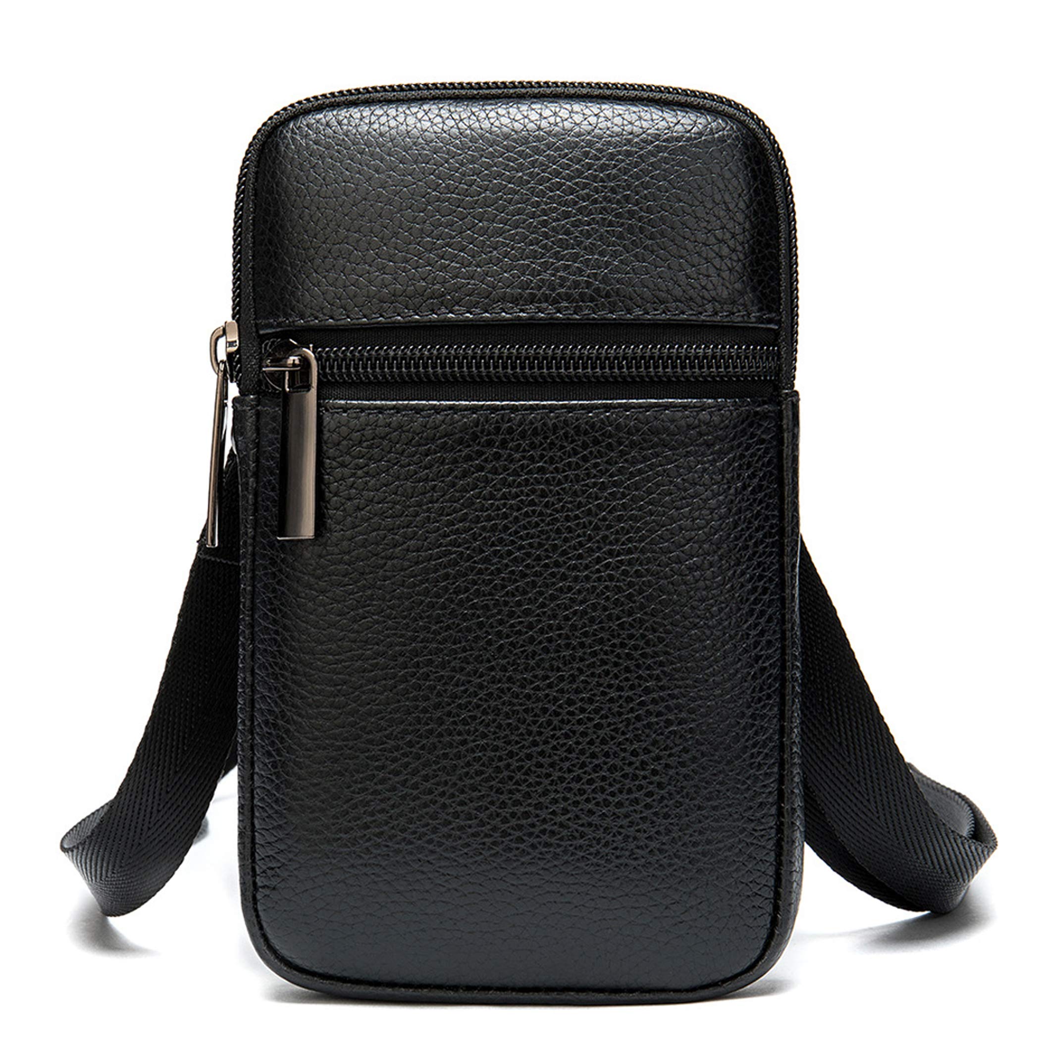 Leather Cell Phone Bag Black, Cell Phone Shoulder Crossbody Bag Mens, 6.5 Inch Outdoor Sport Travel Waist Packet Smartphone Belt Clip Holster Vertical Messenger Shoulder Pouch Zipper Wallet Handbag