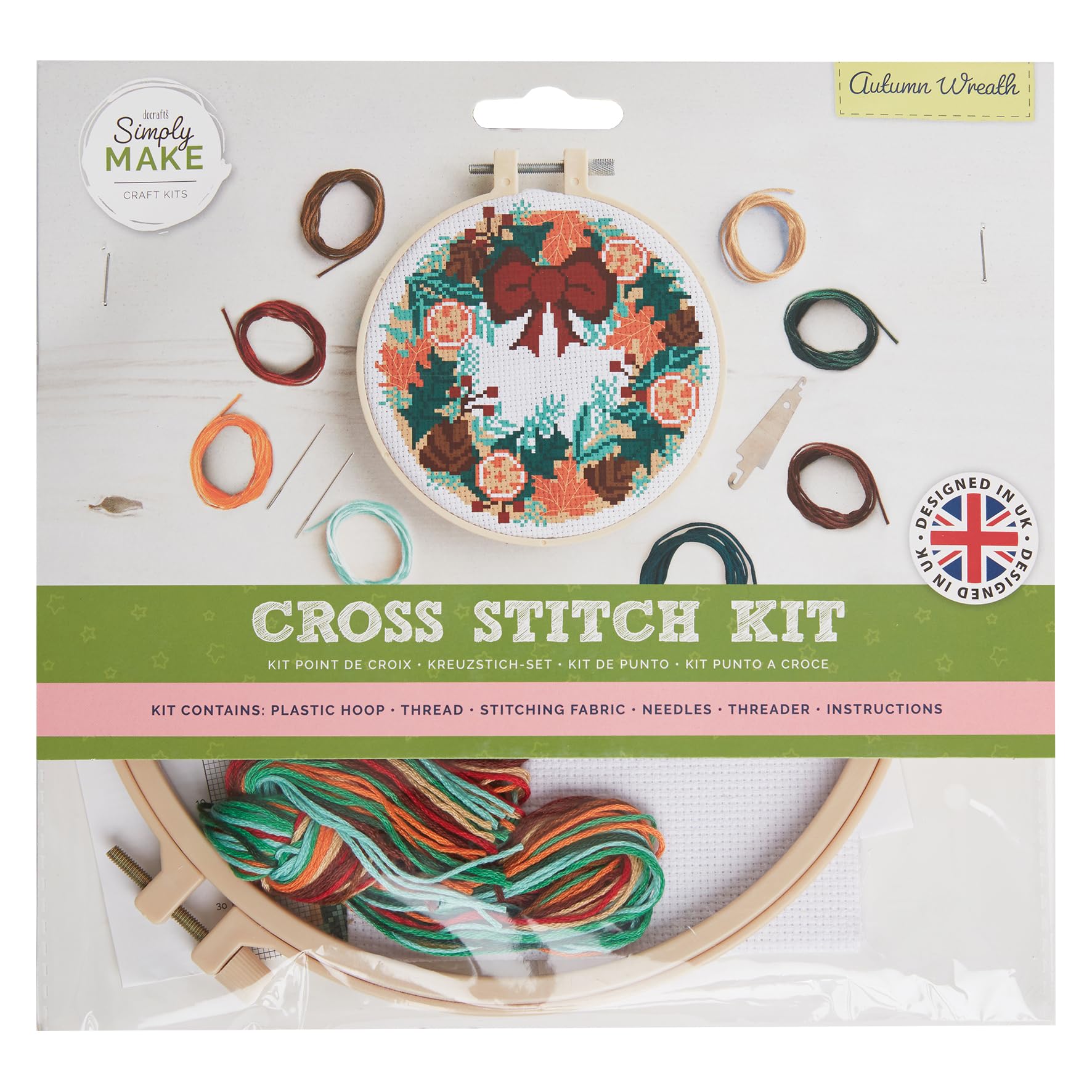 Simply Make Cross Stitch Kit - Autumn Wreath Design for Kids and Adults, Including Hoop, Embroidery Thread, Fabric and Needle - Perfect for Adult Crafts and Beginners - Starter Cross Stitch Craft Kit — image 1
