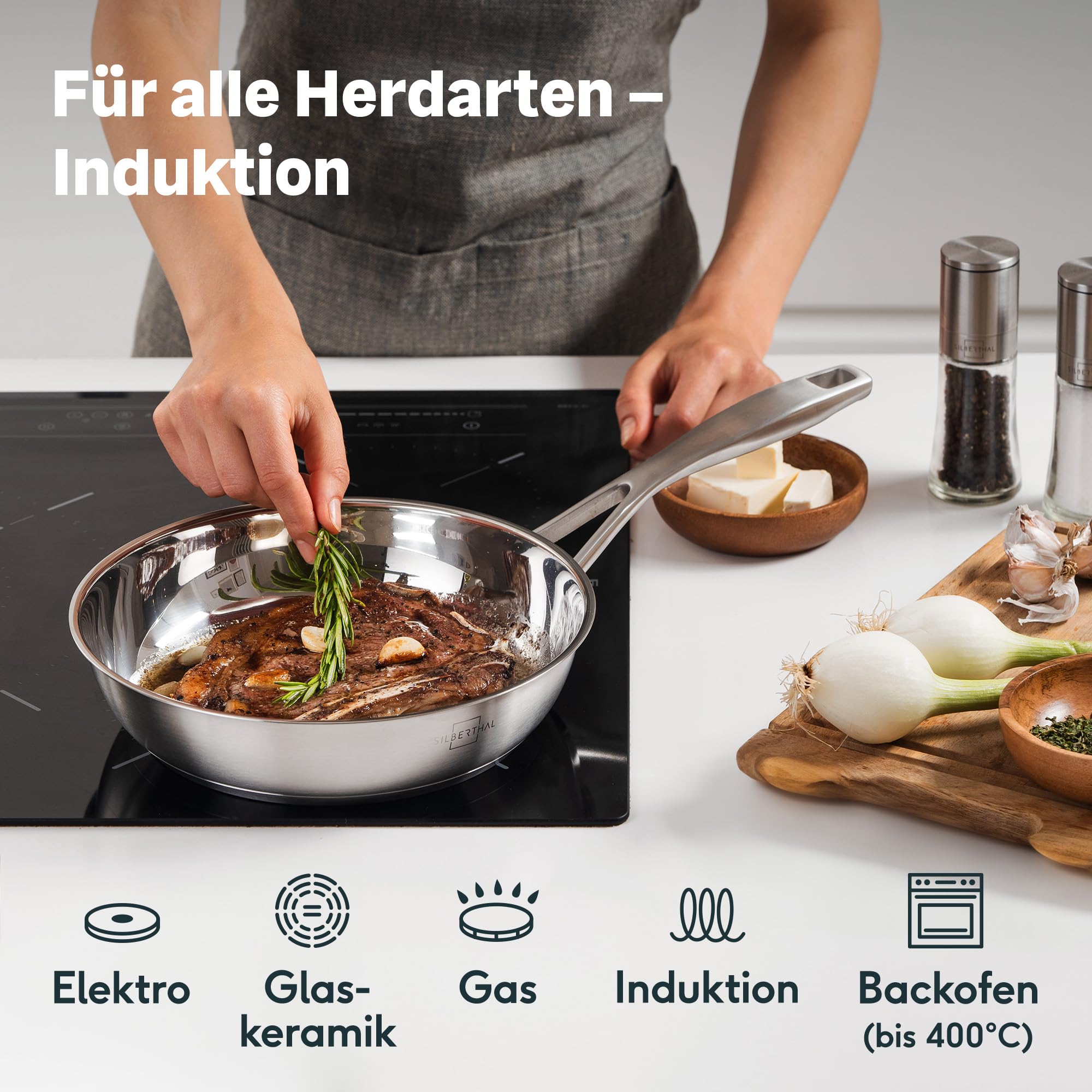 SILBERTHAL Edelstahl Pfanne Unbeschichtet - Induktion - Profi Bratpfanne 28cm - Röstaromen - Ofenfest 3