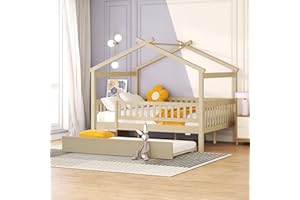 Harper & Bright Designs Full House Bed with Trundle, Kids Platform Frame Rails and Roof, Tent Bed, Wood Playhouse Montessori for Teens Girls Boys, No Box Spring Needed (Natural)