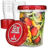 Stock Your Home 32oz Plastic Containers with Red Twist Top Lids (6 Pack) – Quart Freezer Containers for Leftovers, Airtight Reusable Soup Storage, Microwave & Dishwasher Safe