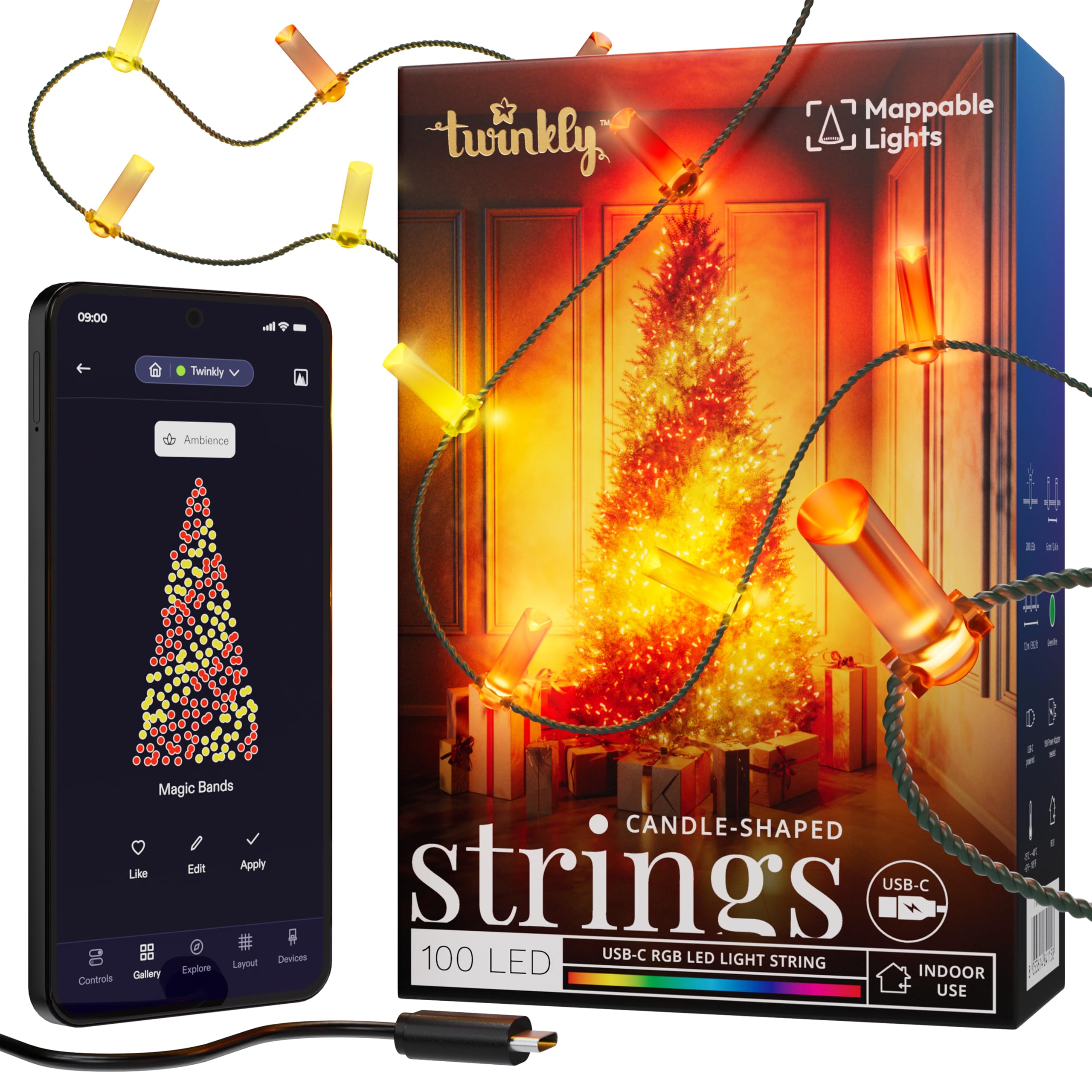 Twinkly Strings USB-C Candle 100 LED, Candle Shape LED Light String, Christmas Lights, RGB Multicolor LED Lights, Mappable LEDs, Compatible with Alexa, Google Home, USB-C Power, Green Wire, 6m — image 1