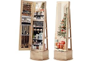 Joaxswe Fluted 360° Swivel Jewelry Armoire Cabinet Standing with Full Length Mirror, Lockable Jewelry Organizers and Drawer Storage with 3 Color LED Lights & Interior Mirror Rear Storage Shelves