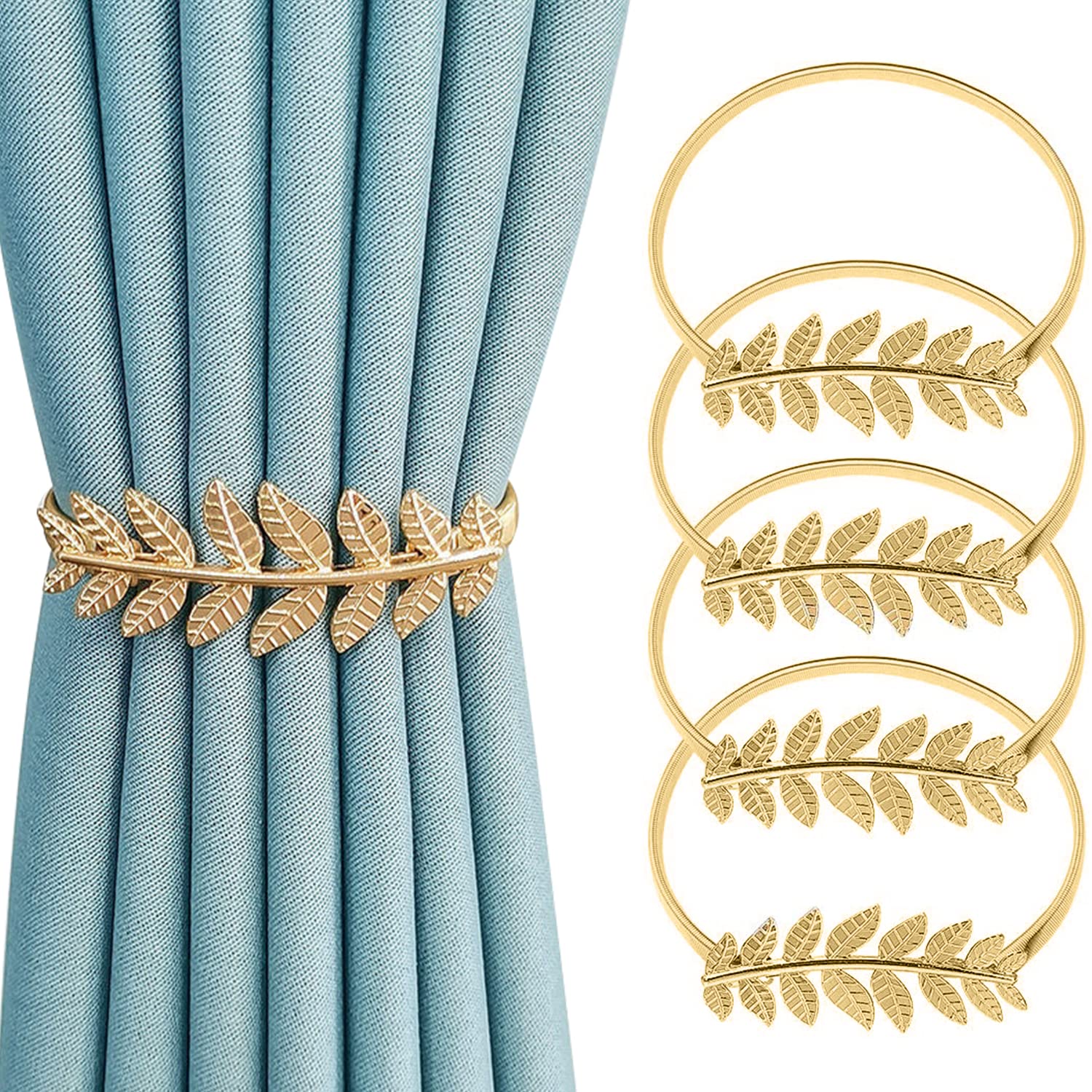 Newsmy Leaf Shape Curtain Tie Backs, 4 Pcs Gold Tie Backs for Curtains, Metal Curtain Holdbacks & Decorative Curtain Tiebacks Set, Curtain Holdback for Home & Office