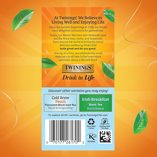 TWININGS COLD BREWED ICED TEA – MINT FLAVORED GREEN TEA WITH PEPPERMINT LEAVES, CAFFEINATED GREEN AND BLACK TEA EXTRACTS, UNSWEETENED COLD BREW TEA BAGS INDIVIDUALLY WRAPPED, 20 COUNT