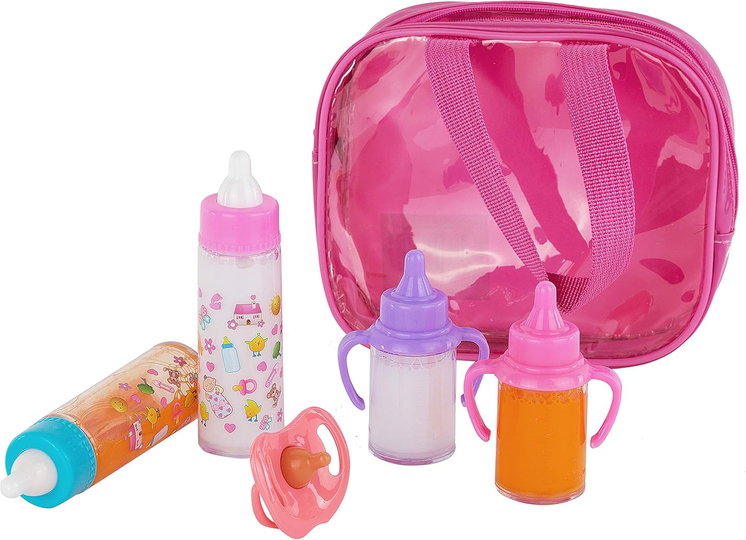 fash n kolor My Sweet Baby Disappearing Doll Feeding Set | Baby Care 4 Piece Doll Feeding Set for Toy Stroller | 2 Milk & Juice Bottles with Toy Pacifier for Baby Doll: Toys & Games