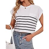 Womens Short Sleeve Cropped T-Shirts Striped Rolled Dolman Sleeve Crop Tops Summer Round Neck Casual Solid Short Basic Tees