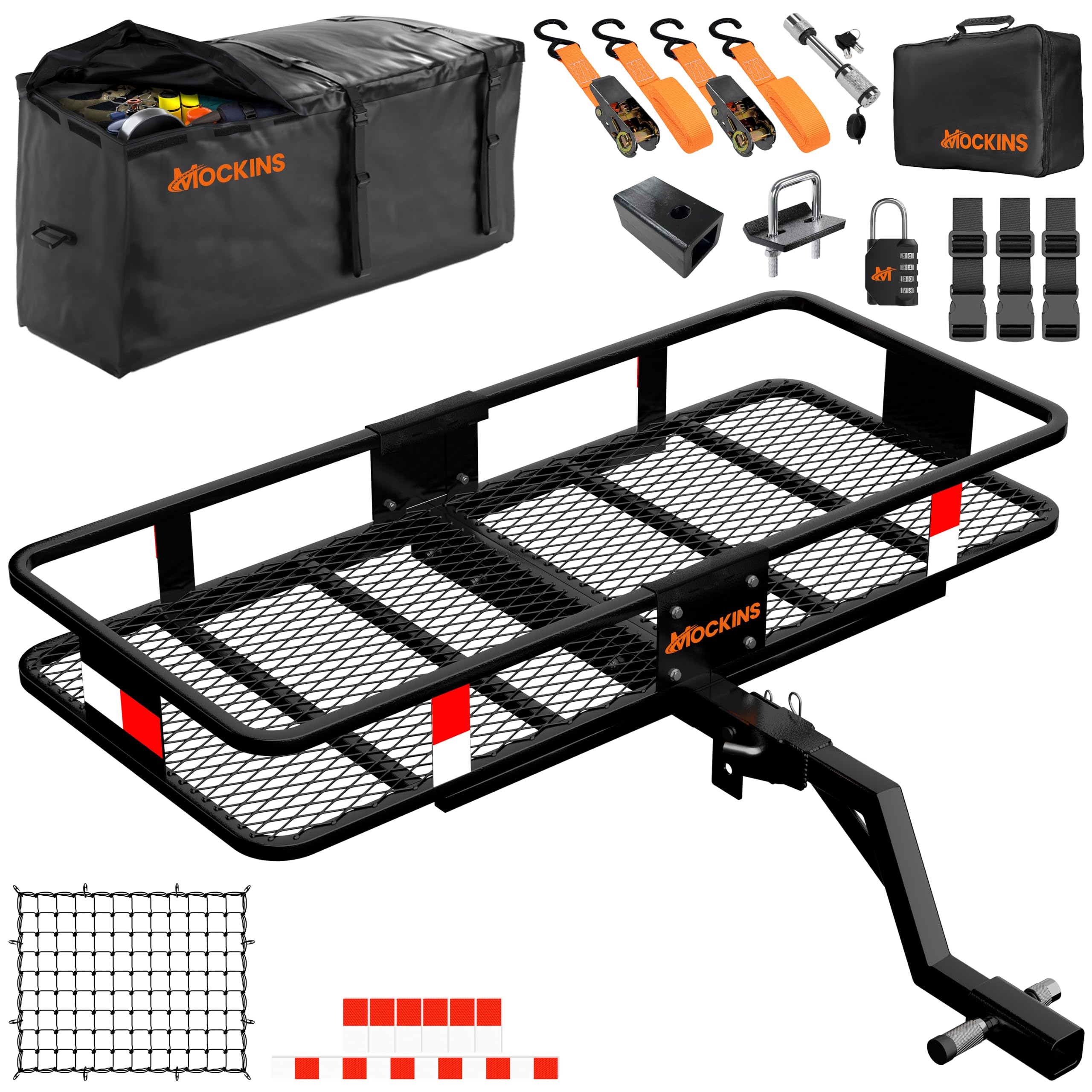 Mockins 6" Raised Shank Folding Luggage Rack 48"x20"x6" & 15 Cu Ft Waterproof Cargo Bag | Heavy-Duty 500 Lbs. Capacity Trailer Hitch Cargo Carrier for SUV Car Truck ATV & More w/Accessories Image