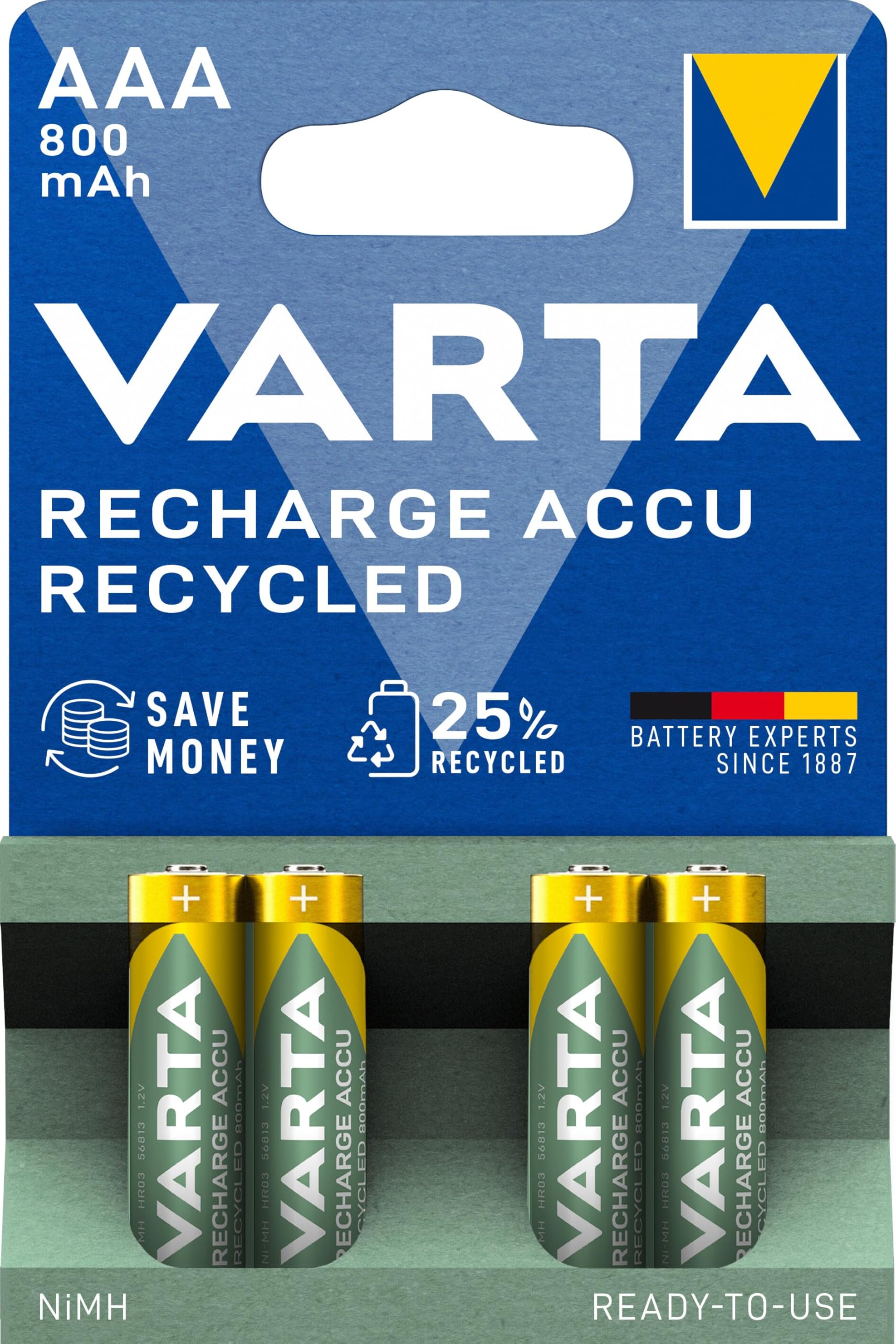 VARTA Recharge Accu Recycled, Ready-To-use pre-charged AAA Micro NiMH rechargeable battery (4-pack, 800 mAh) made of 11% recycled material - without memory effect
