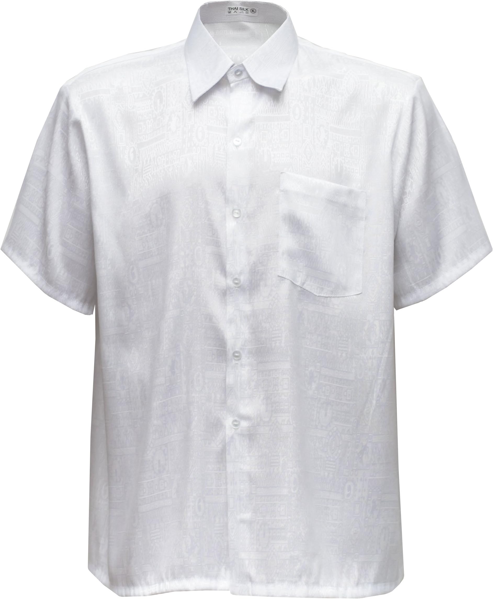 Tashisun Men's Shirt Short Sleeve Jacquard Thai Silk White (XL)