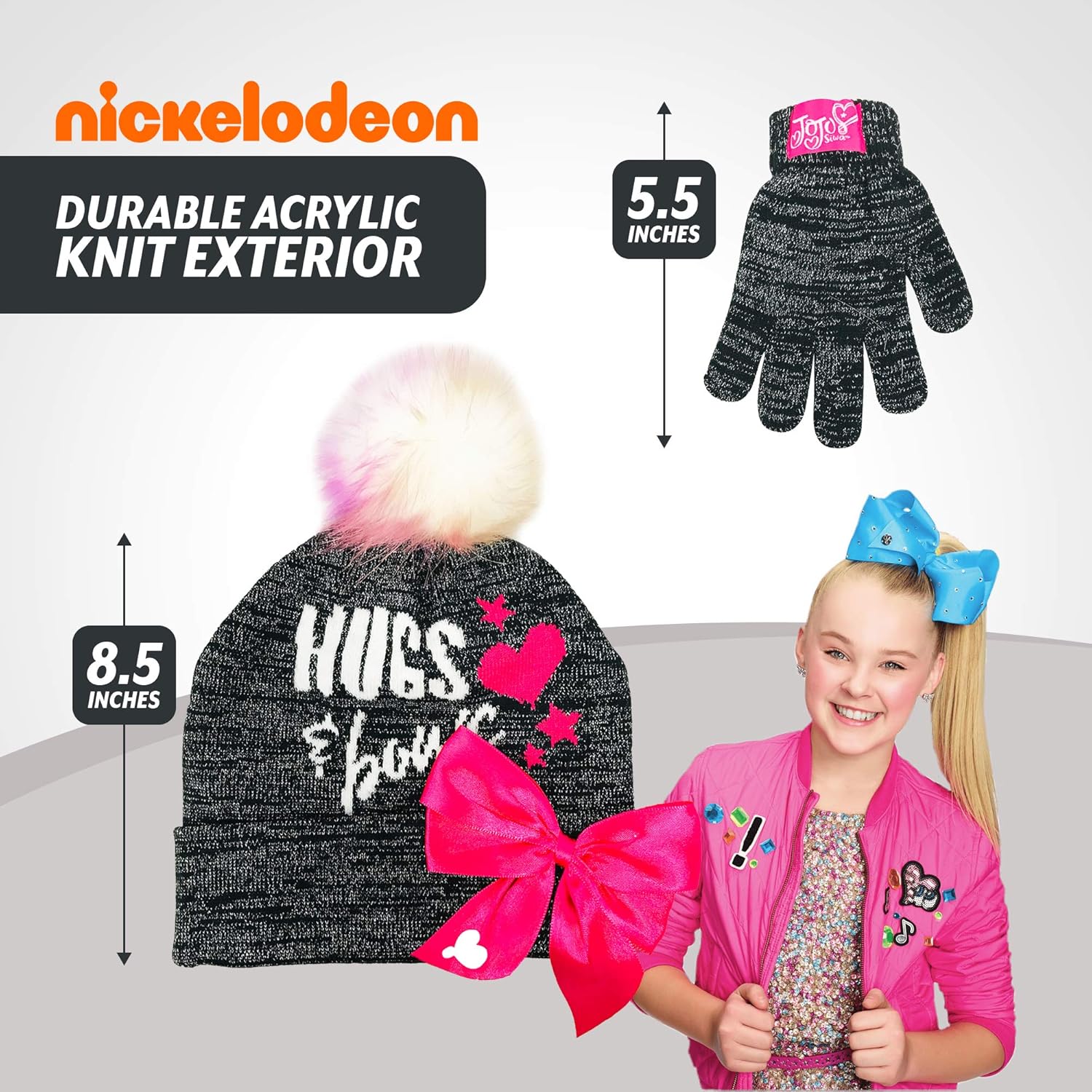 Nickelodeon JoJo Siwa Hugs & Bows Girls Winter Hat and Gloves Cold Weather Set, Age 4-7: Clothing