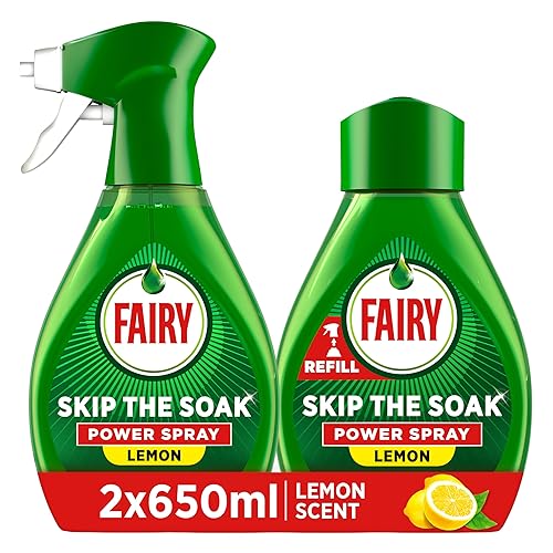 Fairy Skip the Soak Dish Spray Kit, Lemon, 1.3L (650ml Spray + 650ml Refill), 100% Grease Removal for Dishes & Surfaces