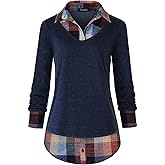Oyamiki Women's Casual Collared Curved Hem 2 in 1 Pullover Tops Plaid Contrast Shirt Blouse