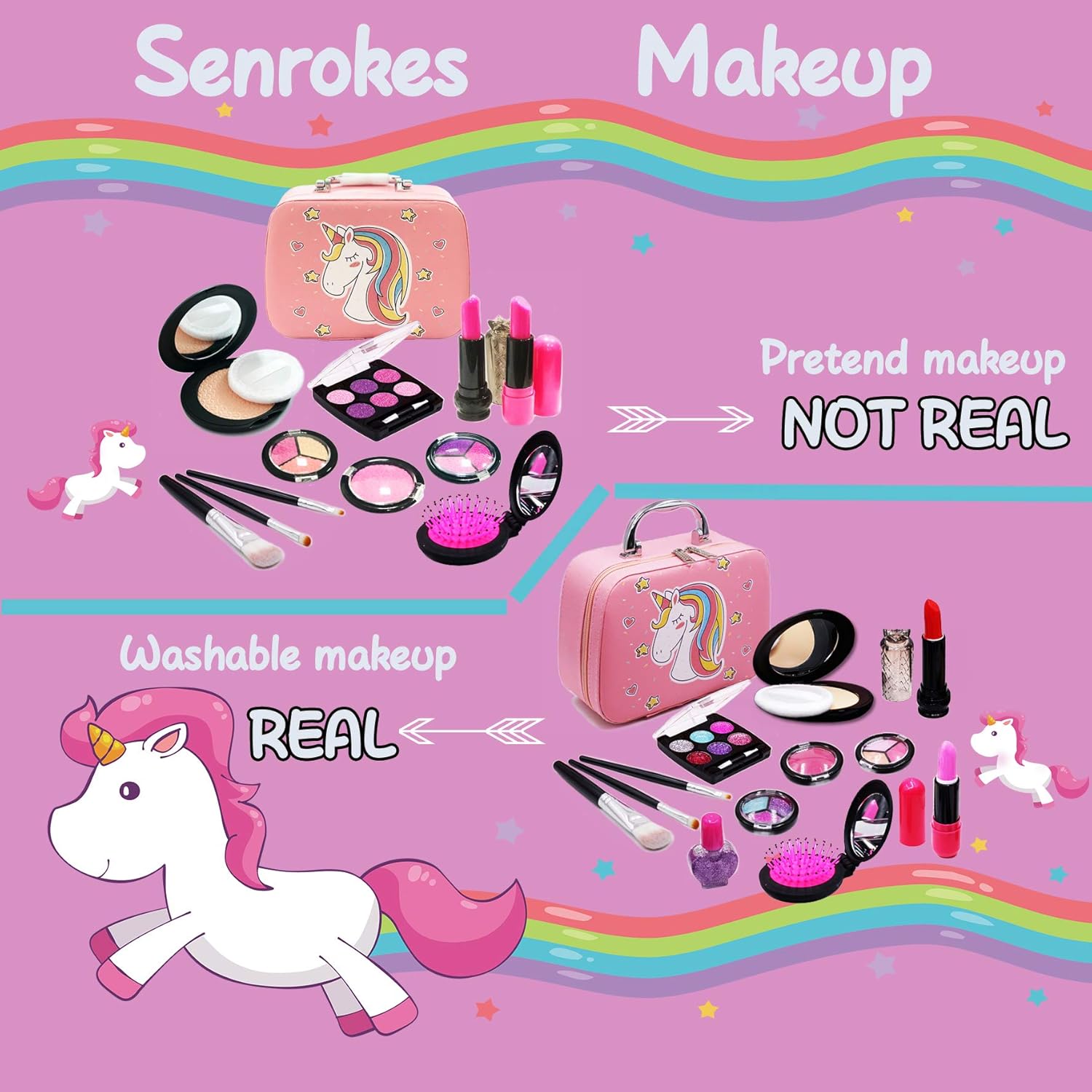 Senrokes Pretend Makeup Kids Cosmetic Toy Play Makeup Kit for Toddlers, Non Toxic Toy Face Makeup Beauty Set Birthday Gift for 3 4 5 6 7 8 9 10 Year Old Girls Fit Role Play Game, Princess Dress up.: Toys & Games
