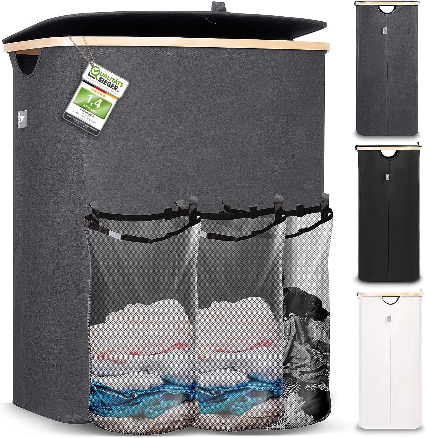 HENNEZ 150L Extra Large Laundry Basket 3 Compartments - Family Laundry Hamper Basket with Removable Bags - 3 Section Laundry Basket with Lid - Dirty Laundry Sorter for Laundry Bin