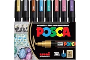 posca Markers Set, 8 Medium Paint Markers 5M, Metallic Tones – Gold, Silver, Bronze, Blue, Green, Red, Pink, Violet