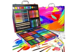 Cokiki 184-Piece Art Kit for Kids Ages 6-12, Ultimate Drawing Set with Oil Pastels, Crayons, Watercolor Cakes & Sketch Pad - Art Supplies Gift Case for Boys Girls (6-8 8-12 Year Old)