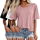 Ficerd 3 Pack Women's Oversized Half Sleeve T Shirt Crew Neck Elbow Length Tops Loose Fit Casual Summer Basic Tees