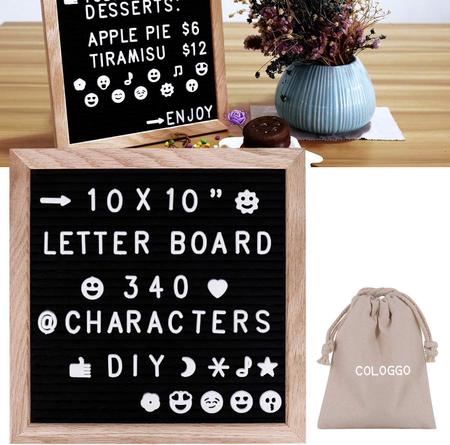 2 SIDED! BLACK and GREY FELT LETTER BOARD with 3 FREE CANVAS BAGS of 850 LETTERS and EMOJIs! 10x10 Inches, Reversible Message Board Sign, Solid Wood and Double Sided.