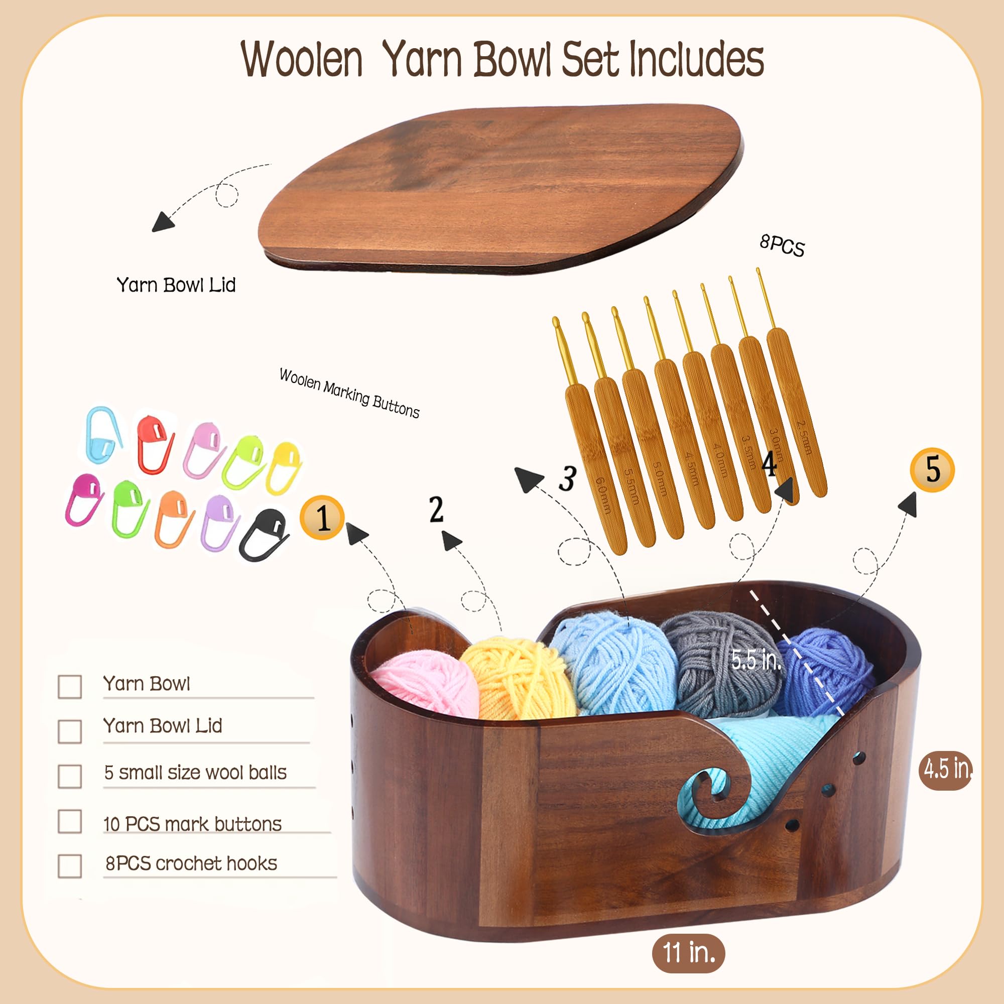 Large Oval Wooden Yarn Bowls For Knitting , Acacia Yarn Holder ,Double Curling Slot Crochet Yarn Bowl With Lid,Preventing tangles,Ideal Gifts Set For Knitters