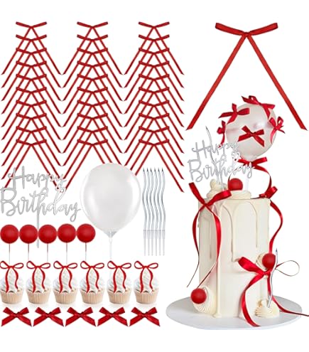 7-Piece Birthday Cake Topper Set - Happy Birthday Sign & 6 Bow Ribbons For Party Decor (Red)-941769