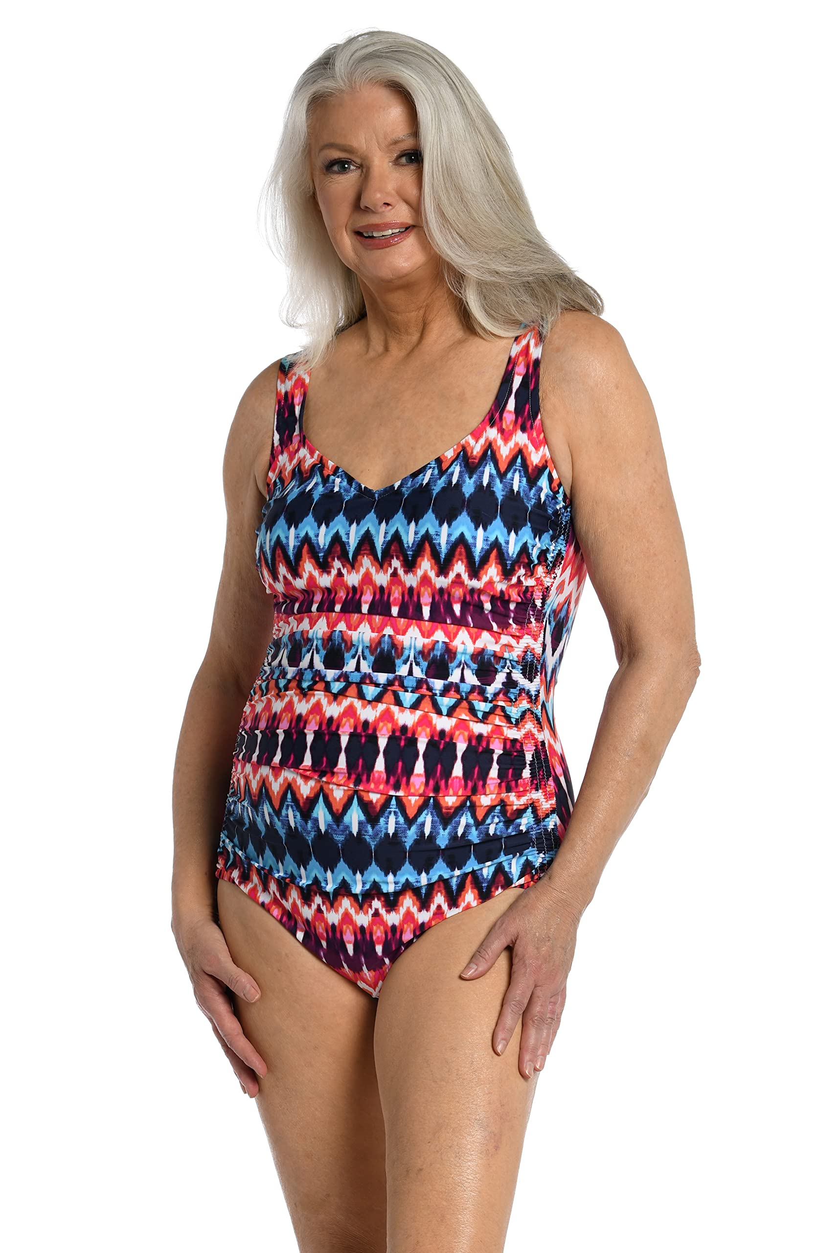 Maxine Of Hollywood Women’s Standard Side Shirred Girl Leg One Piece Swimsuit, Multi//Tribal Times, 6