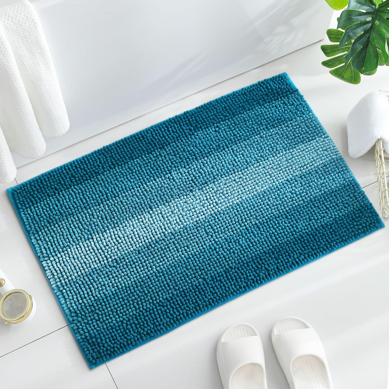 Gibelle Teal Bathroom Rug Set 2 Piece, Chenille Non Slip Bath Mat Set, Absorbent Shower Rug and Bath Room Floor Mats, Quick Dry Bathmat Bathroom Decor Accessories for Tub, 16" x 24"