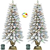 2 Pack 4 Ft Snow Flocked Christmas Entrance Tree in Pot Base with Timer 8 Mode 60 Warm White and Colorful Change Lights 12 Pine Cone Battery Operated for Porch Front Door Entryway Home