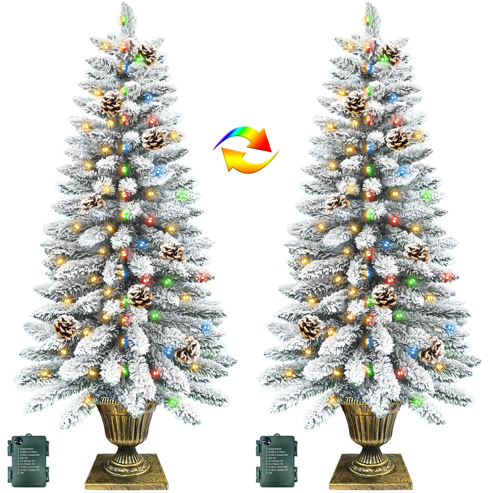Photo 1 of 2 Pack 4 Ft Snow Flocked Christmas Entrance Tree in Pot Base with Timer 8 Mode 60 Warm White and Colorful Change Lights 12 Pine Cone Battery Operated for Porch Front Door Entryway Home