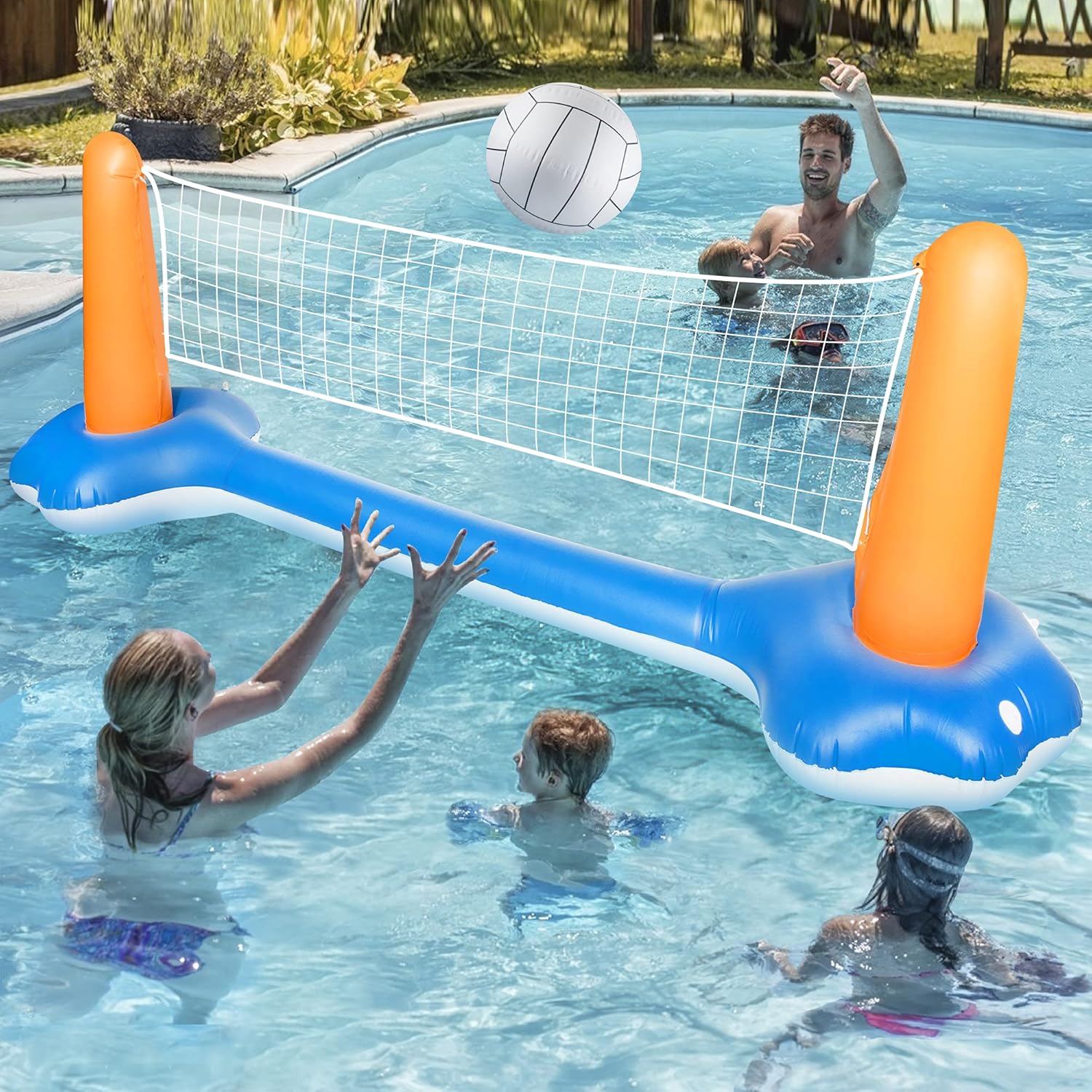 HOOJO Inflatable Pool Games Pool Volleyball Set & Basketball Hoop, Pool Toys for Teens and Adults, 2-Balls Swimming Pool Toys with Volleyball Court(105''x35''x28'' ) & Basketball (27''x27''x23): Toys & Games