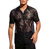 WDIRARA Men's Floral Mesh Tee Top Sheer Round Neck Short Sleeve T Shirts