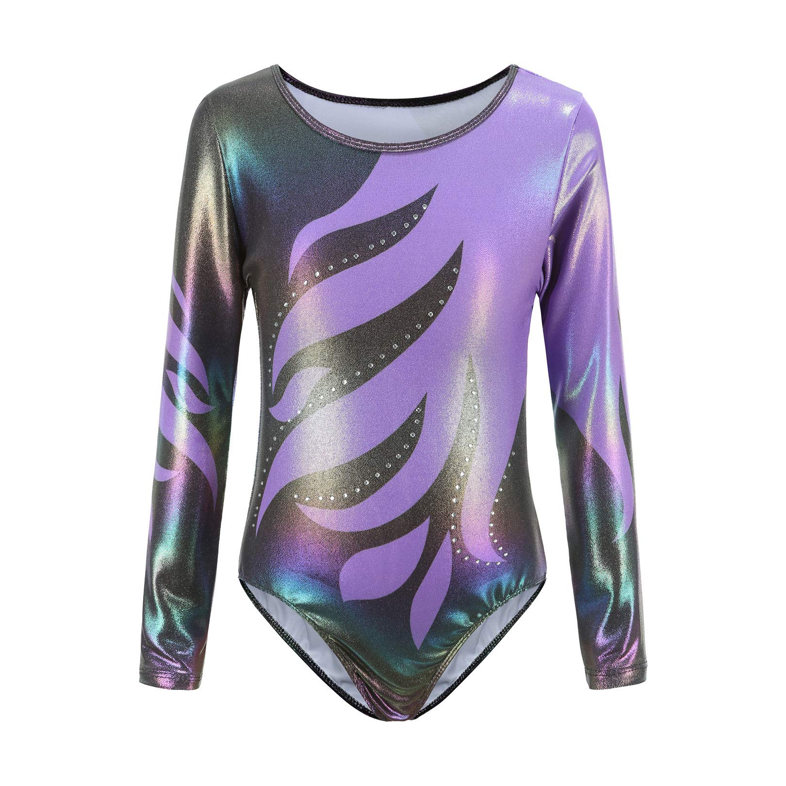 Ukyzddio Leotards for Girls Gymnastics Long Sleeve Athletic Dance Metallic Flame Beads Leotards Unitards Bodysuit Tights Purple Size 6