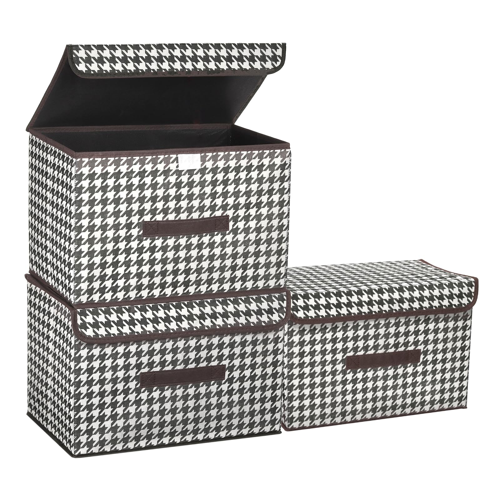 PATIKIL Fabric Collapsible Storage Bin 14.2 x 9.1 x 9.4 Inch, 3 Pcs Foldable Storage Box Cube with Lids and Handle Organizer Container for Home Bedroom Closet Clothes, Black White Grid