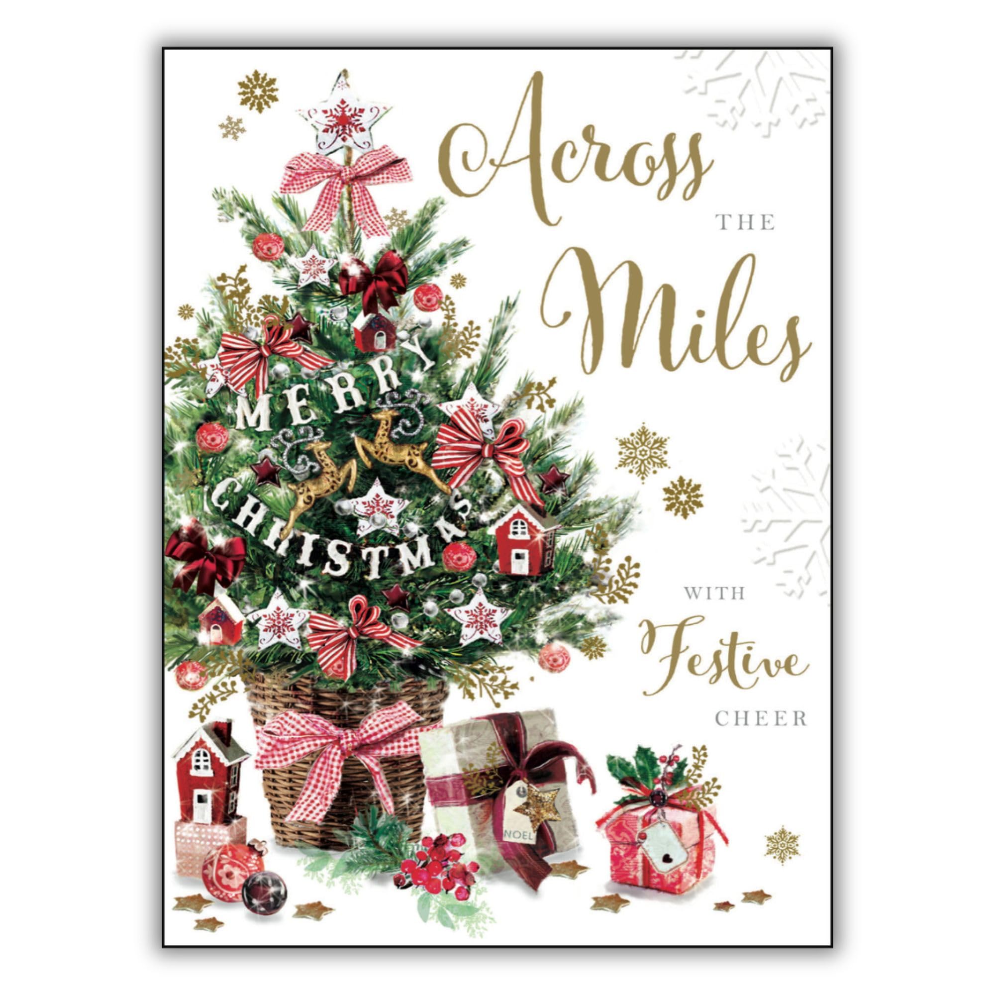 Jonny Javelin Christmas Card Across the Miles - Festive Tree & Presents Design - Embossed Foil & Flitter Finish - Premium Quality Special Christmas Greeting Card with Envelope - For Friends or Family