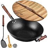 WANGYUANJI Cast Iron Wok Pan with Lid, 13.4 Inch Flat Bottom Uncoated Stir Fry Skillet, Traditional Chinese Iron Pot for 3-5 People, Detachable Walnut Handle, Compatible with Induction & Gas Stoves