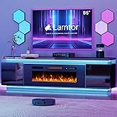 Lamtor Fireplace TV-Stand with 40" Fireplace - 2 LED Light TV-Stand for 85 inch TVs, Entertainment Center with 4 AC Power Outlets, 2 Tier TV Consoles Stand for Living Room, Black